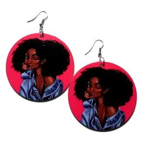 Melanin Girl Wink Hot Pink Statement Wood Earrings